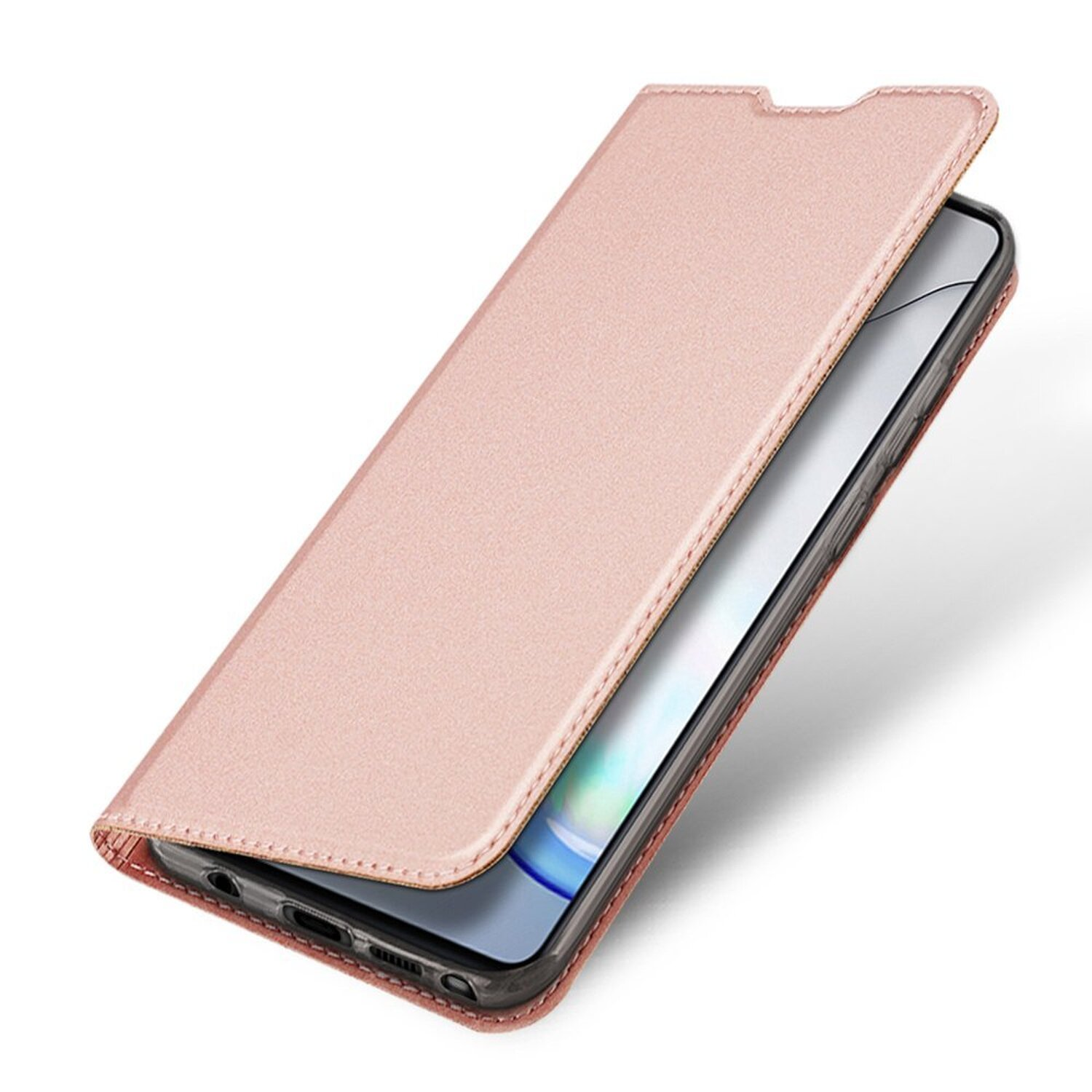 Geöffnete pinkfarbene Handyhülle, die ein Telefon zeigt, auf weißem Hintergrund.