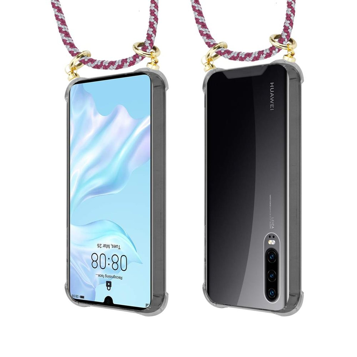 CADORABO Handy Kette mit Backcover, Hülle, WEIß P30, Ringen, und Gold Kordel ROT abnehmbarer Band Huawei