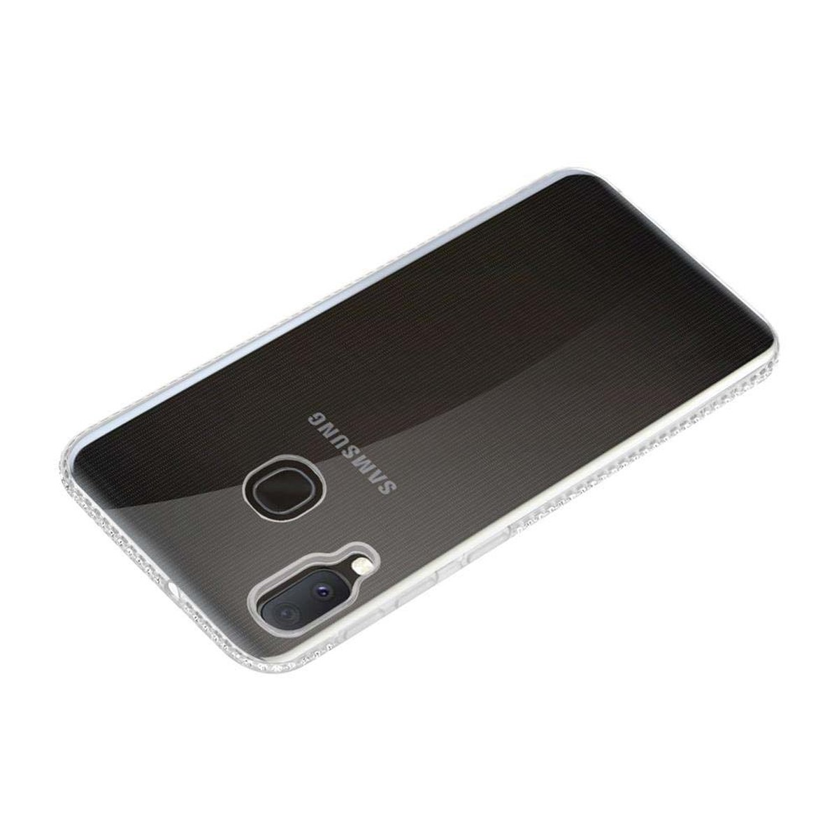 Un telefono in una custodia con un motivo. La fotocamera è visibile e il logo Samsung è visualizzato.