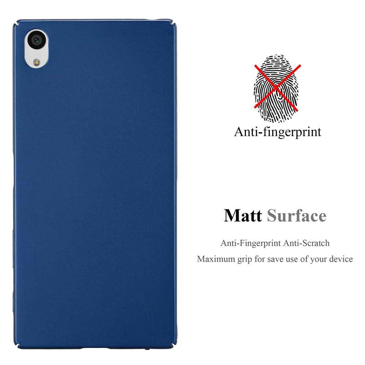 Custodia blu con telefono all'interno. Icone anti-impronte e antigraffio presenti.