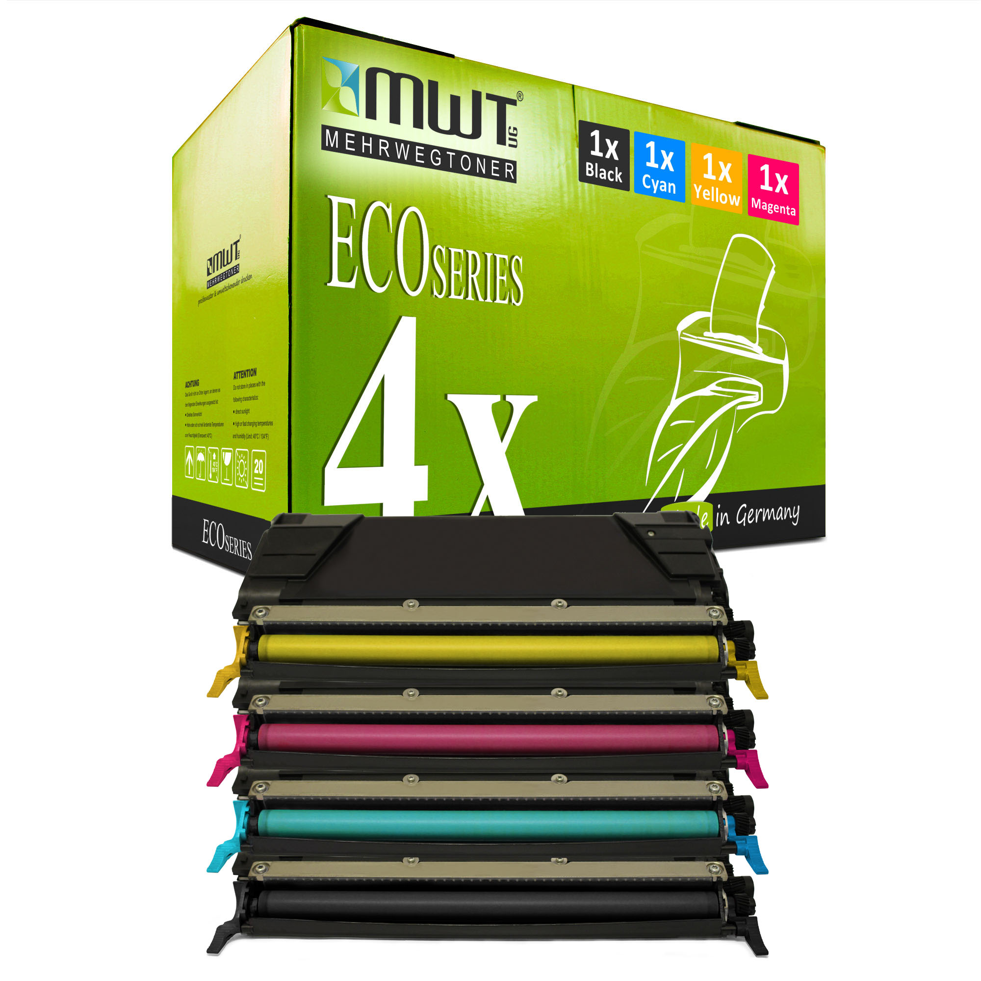 Mehrere Tonerkartuschen vor einer grünen Box mit der Aufschrift "ECO SERIES" und "4x".