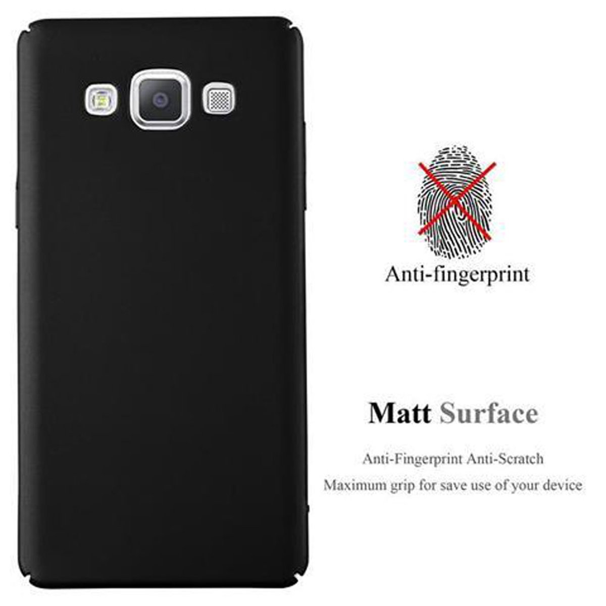 Funda negra con superficie mate. Texto: 'Anti-huellas' y 'Superficie mate'.
