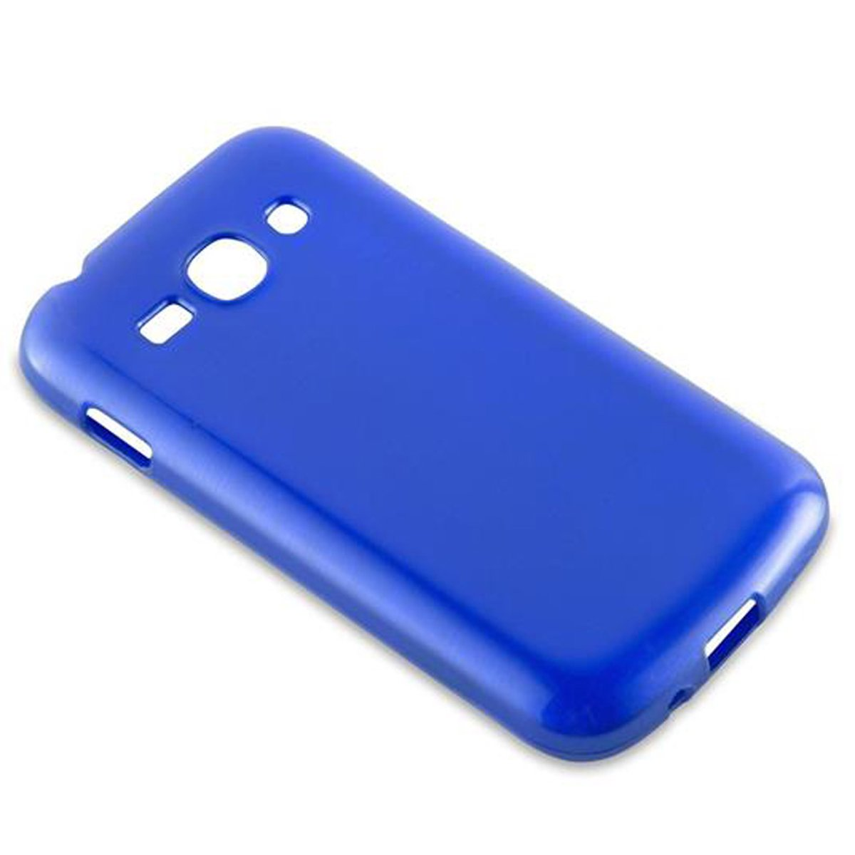 Blaue Handyhülle, schräge Ansicht. Die Hülle hat Aussparungen für Kamera und Anschlüsse.