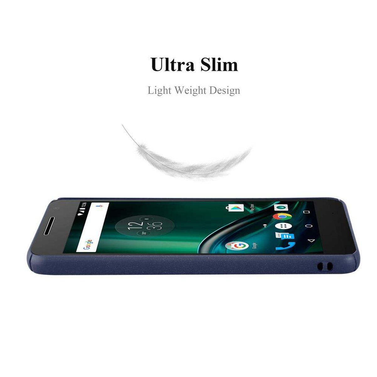 Un telefono in una custodia blu. L'immagine pubblicizza la custodia come Ultra Slim.