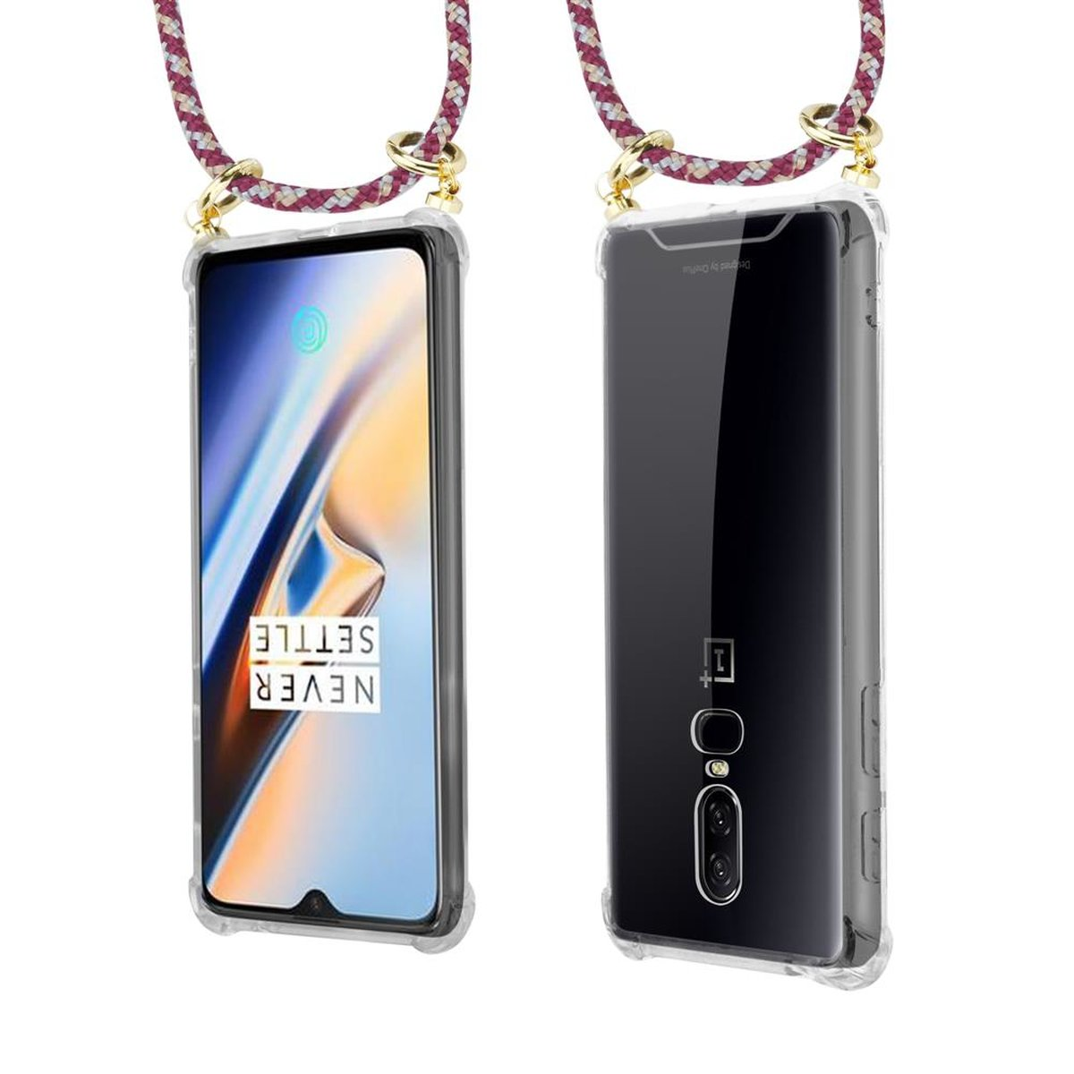 CADORABO Handy Kette OnePlus, WEIß Gold 6, mit Backcover, abnehmbarer Ringen, ROT Hülle, und Band GELB Kordel