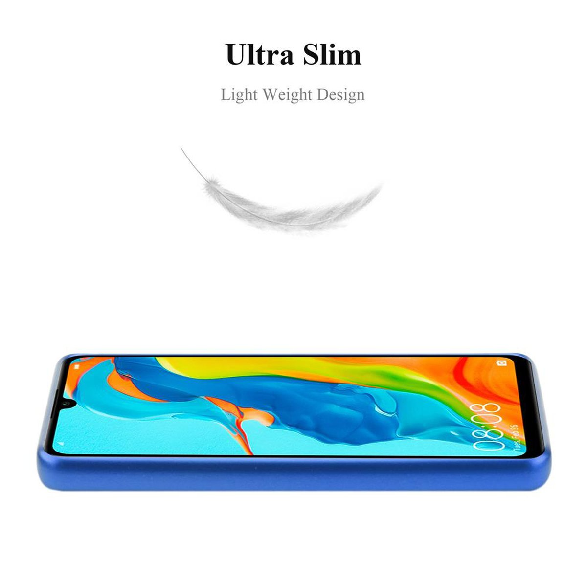 Telefono blu con una piuma sopra. Testo: Ultra sottile, design leggero.