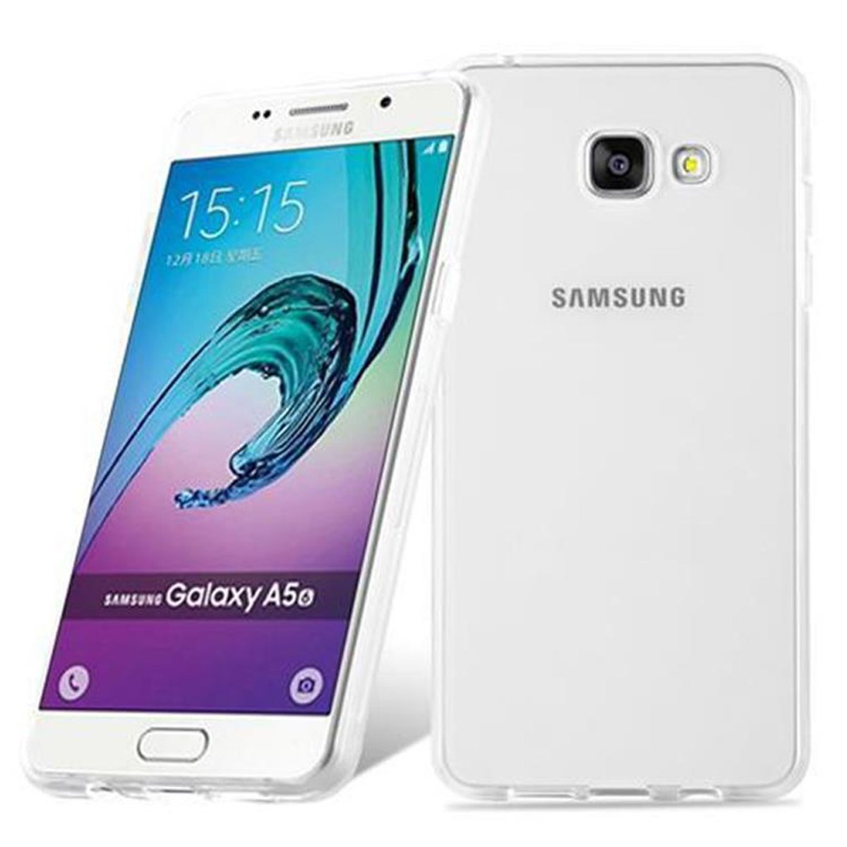 Due telefoni, uno con custodia, uno mostra l'ora e il logo Samsung.