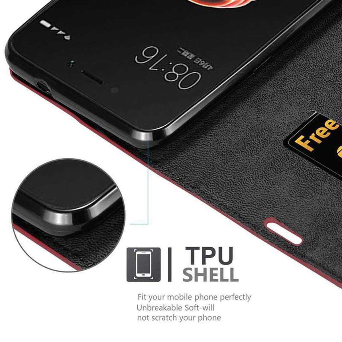 Telefono in una custodia nera con slot per schede. Lo schermo è acceso con l'ora. Testo: TPU Shell. Rosso e nero. Sfondo bianco.