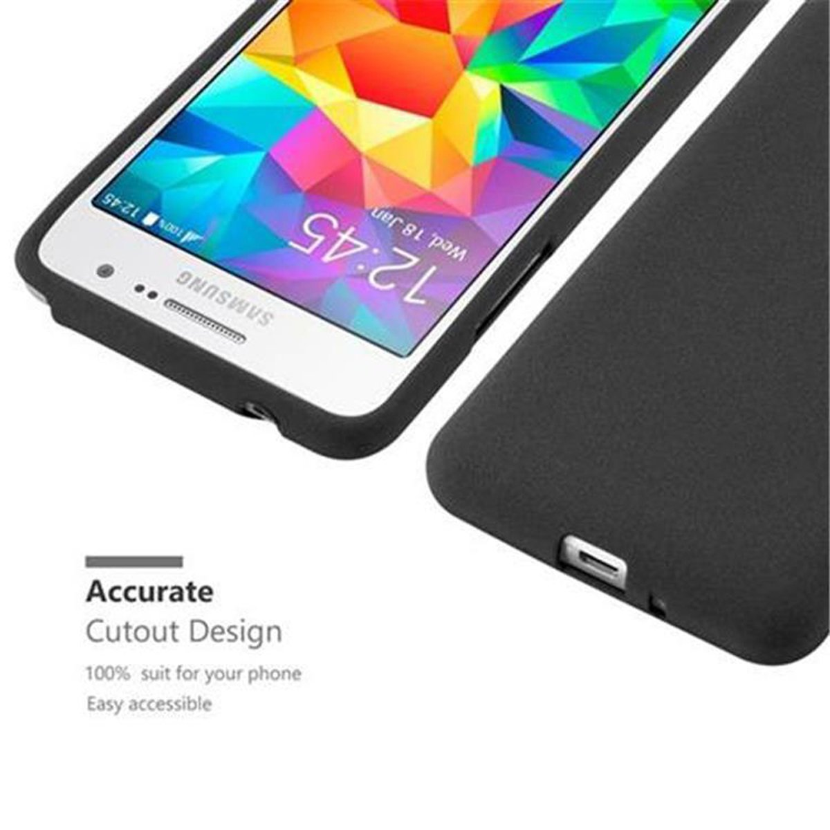 Teléfono con una funda negra, mostrando la pantalla con un fondo blanco y la hora.