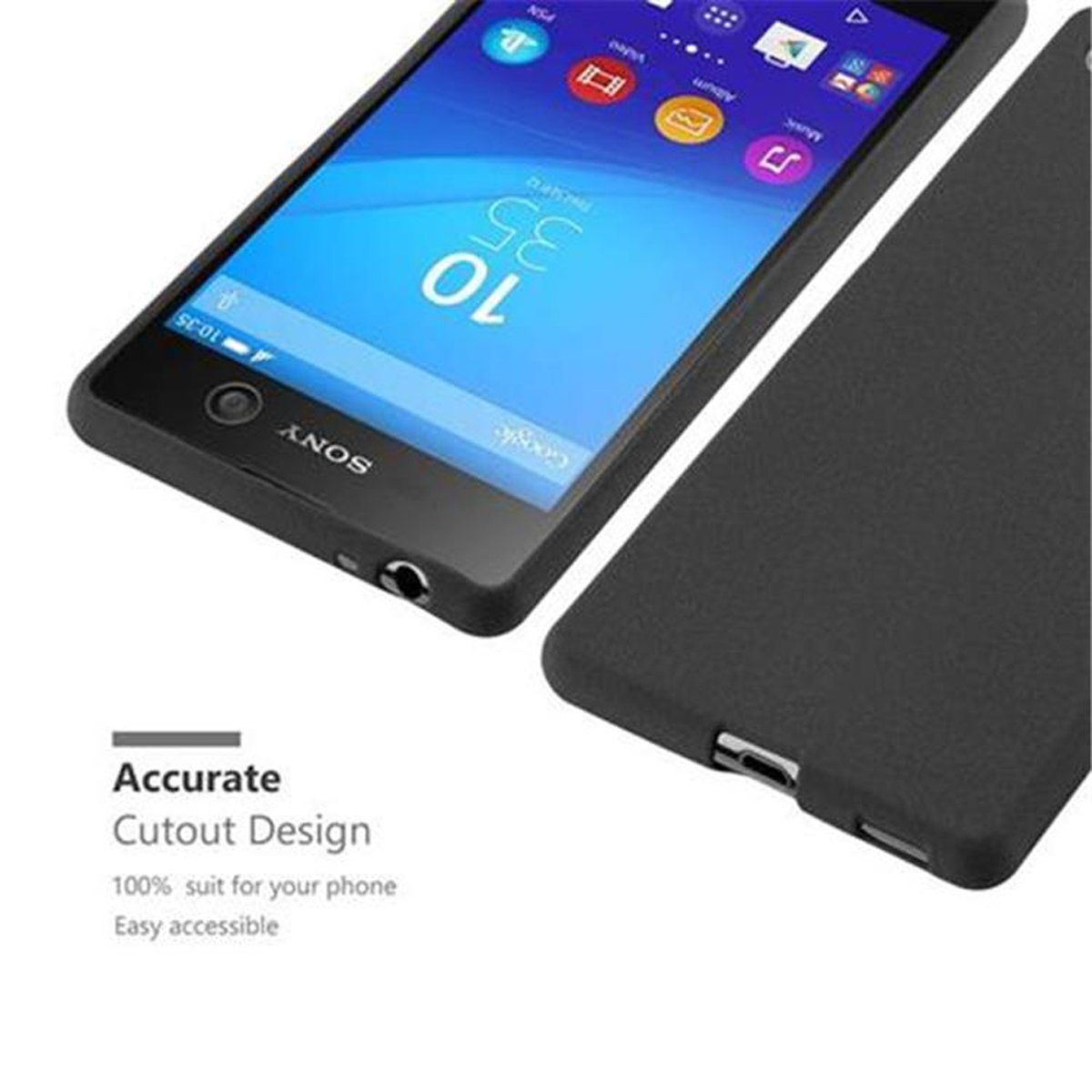 Un telefono con una custodia nera. È scritto il testo 'Accurate Cutout Design' e 'Easy accessible'.