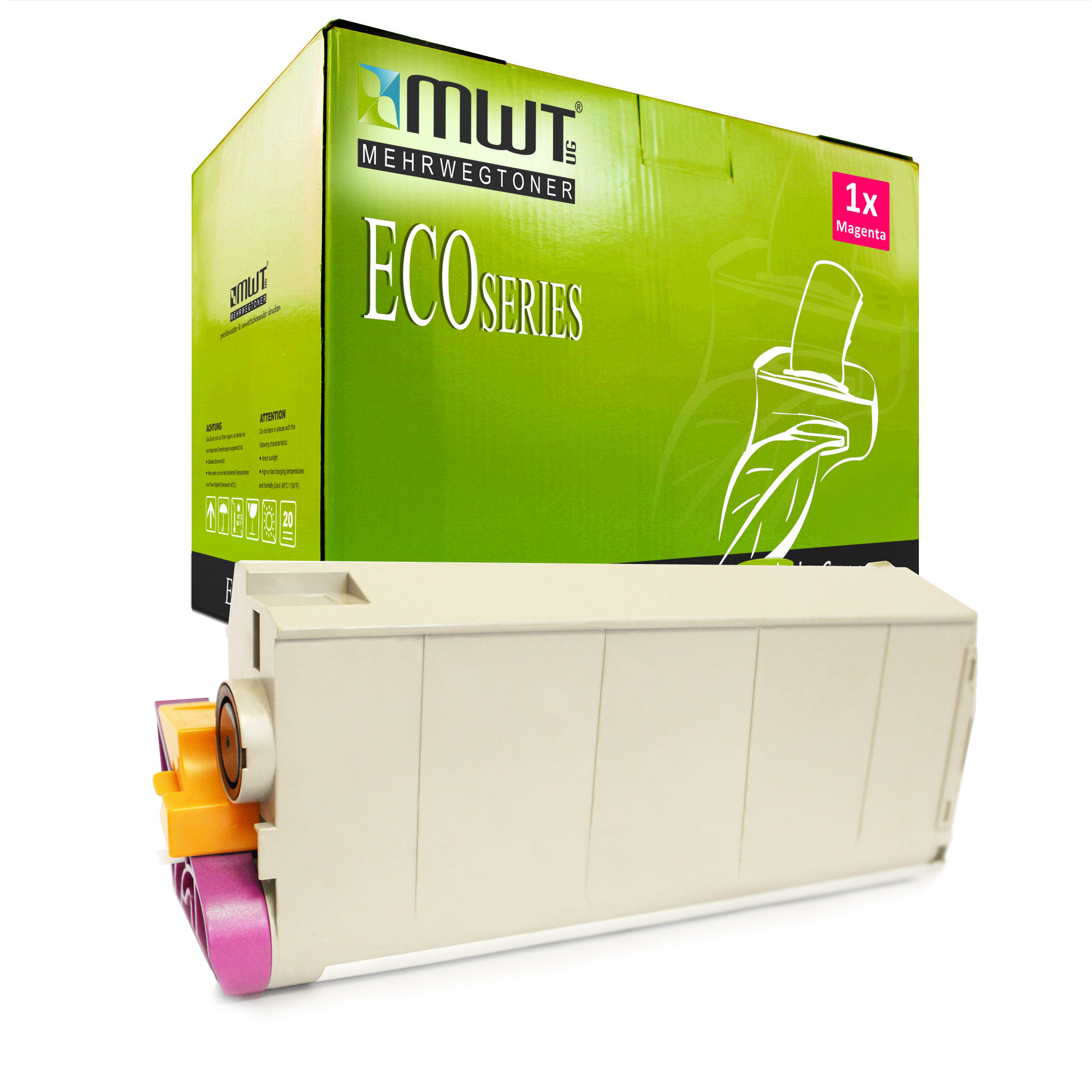 Magentar-Tonerkartusche und ECO-Serie-Box. Magenta, Weiß und Beige. Made in Germany. Weißer Hintergrund.
