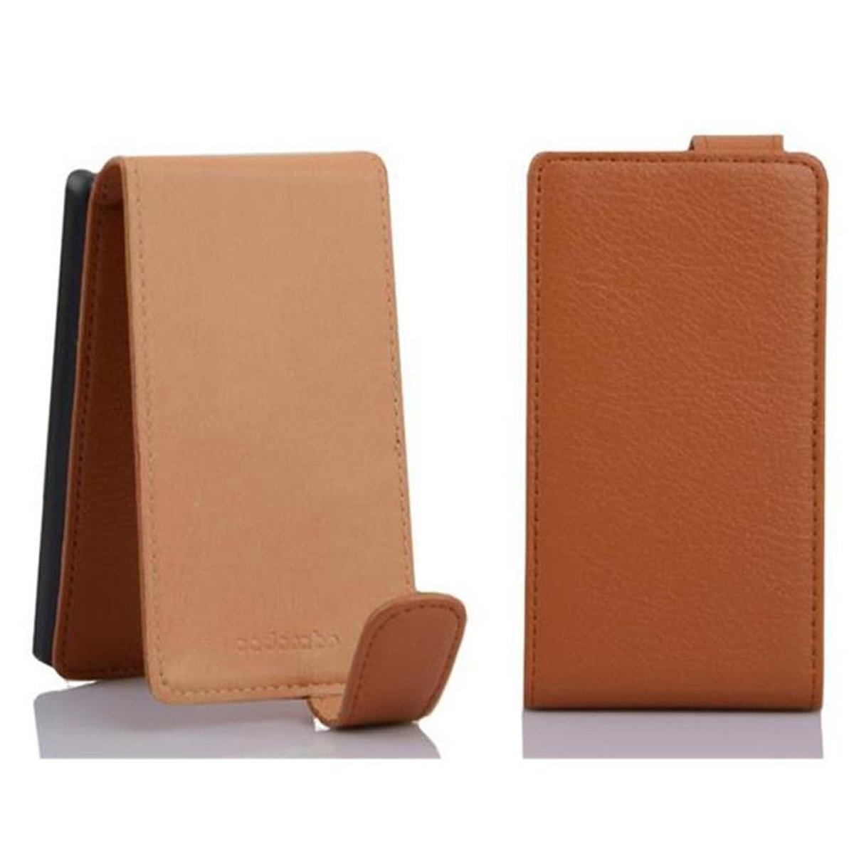Custodia per telefono, effetto pelle, aperta per mostrare il telefono, con supporto. Colori beige e marrone.