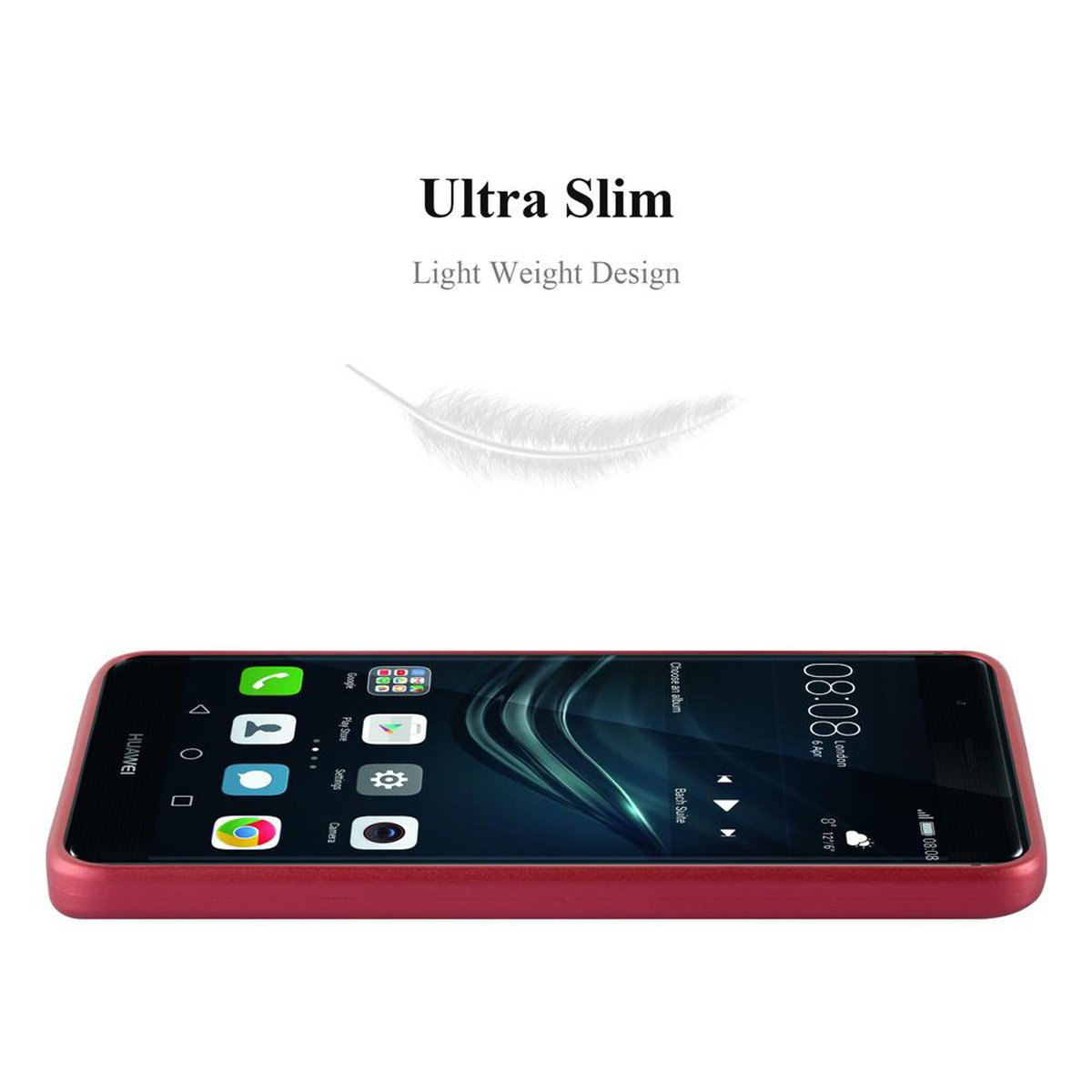 Una custodia rossa per telefono con un telefono all'interno. Il testo 'Ultra Slim' e una piuma sono visualizzati.