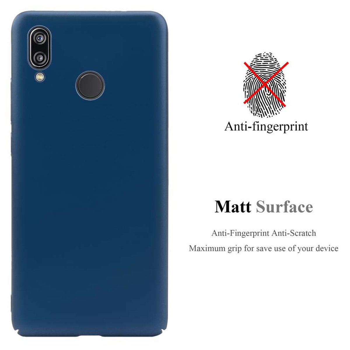 Viene mostrata una custodia blu scuro per telefono. Viene visualizzato un logo anti-impronte.