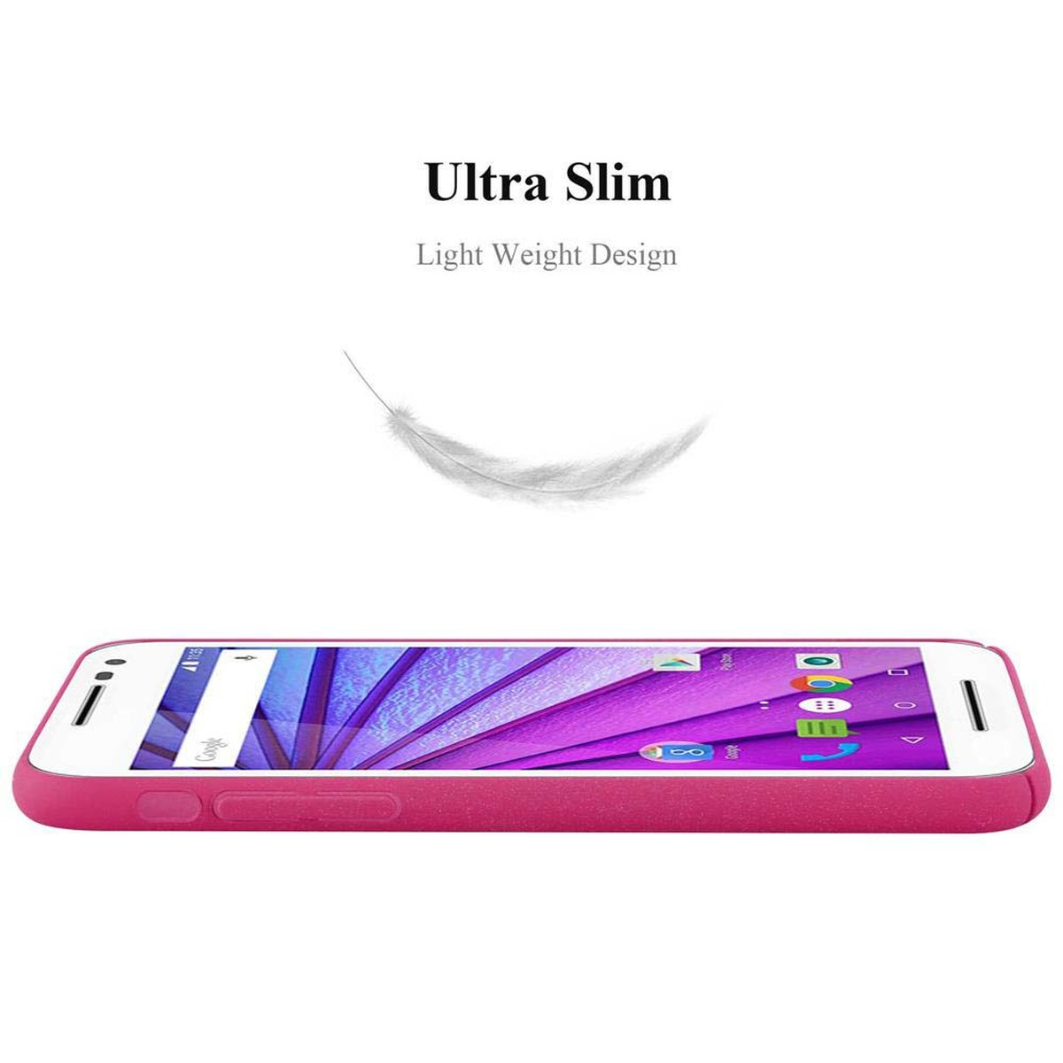 Un telefono rosa in una custodia rosa. Il testo recita: Ultra Slim, Light Weight Design e una piuma.