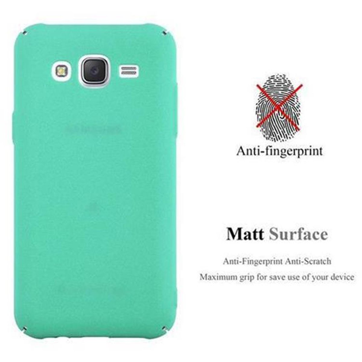 Custodia verde con descrizione anti-impronta. Un simbolo di impronta digitale è sbarrato.