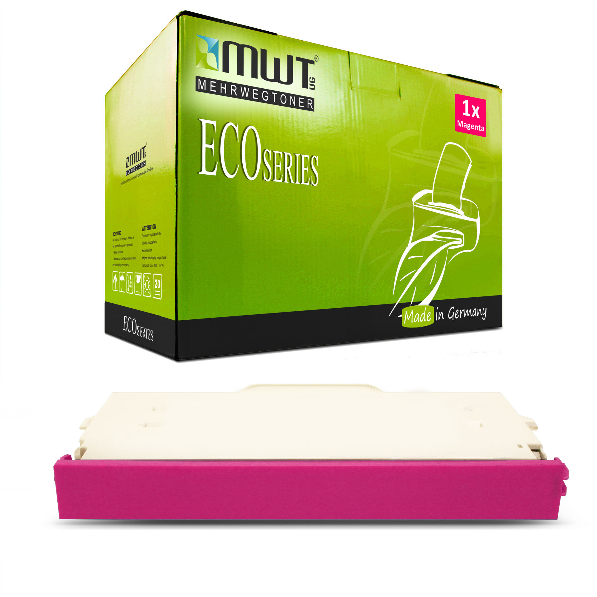Eine grüne und weiße Box mit Magenta-Tonerkartusche und die Magenta-Tonerkartusche.