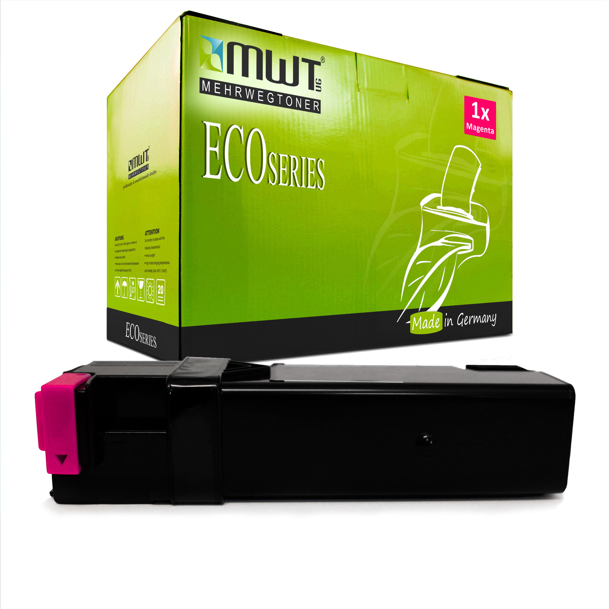 Magentafarbene Tonerkartusche und grüne ECO SERIES-Box. Mit Blattgrafik und Made in Germany-Label.