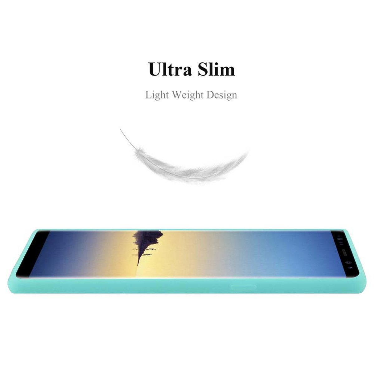 Custodia blu chiaro con piuma, etichettata 'Ultra Slim' e 'Design leggero'.