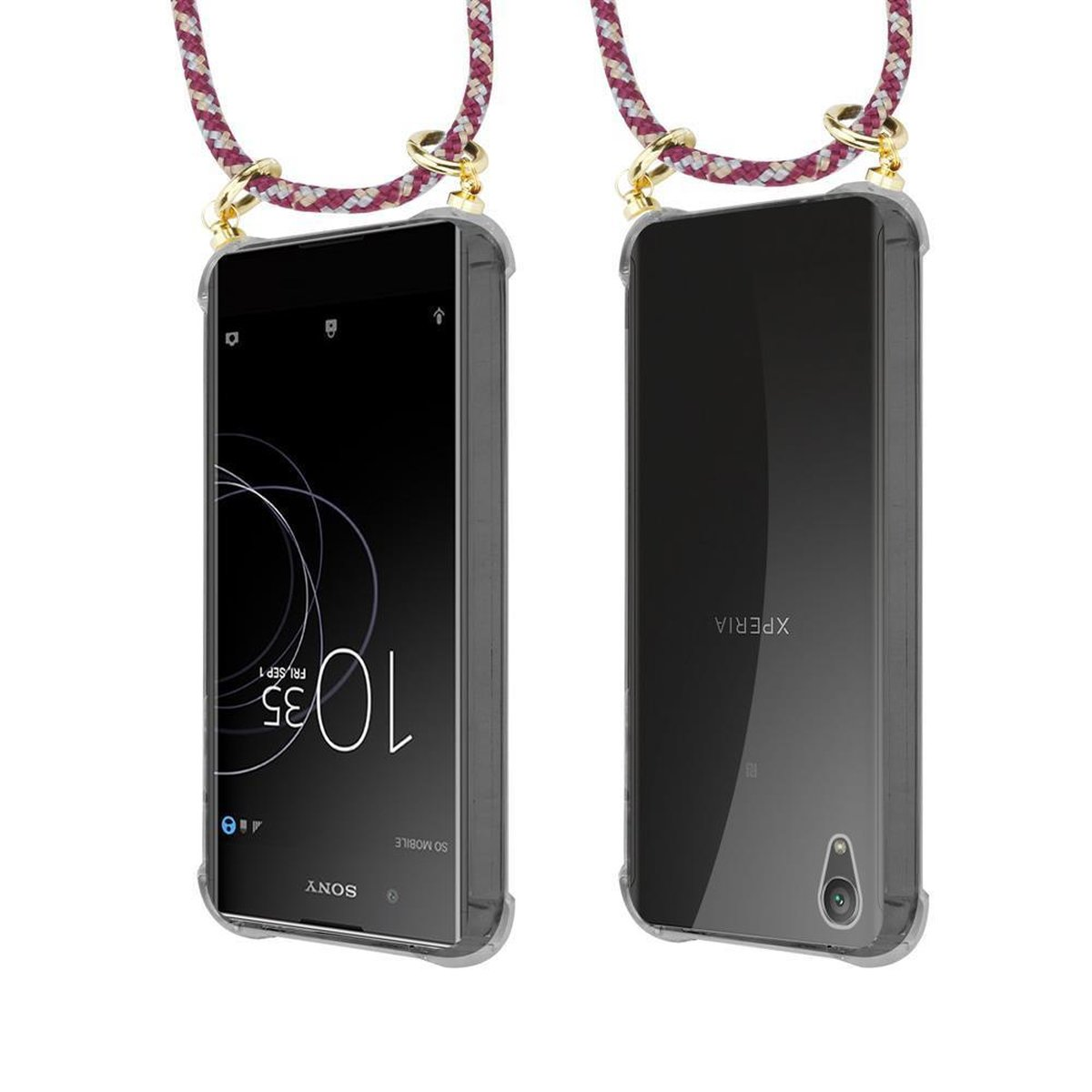 CADORABO Handy Kette WEIß ULTRA, Xperia ROT und Ringen, Gold abnehmbarer Backcover, mit Band GELB Kordel XA1 Hülle, Sony