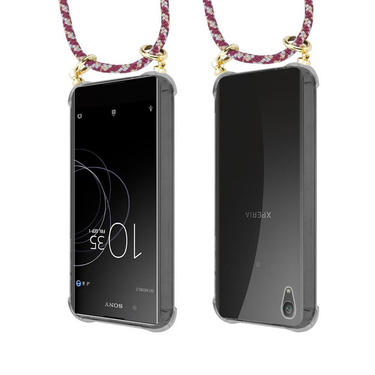 CADORABO Handy mit Sony, Gold Xperia XA1 Band und ROT Backcover, Kette Kordel ULTRA, Ringen, WEIß Hülle, abnehmbarer GELB