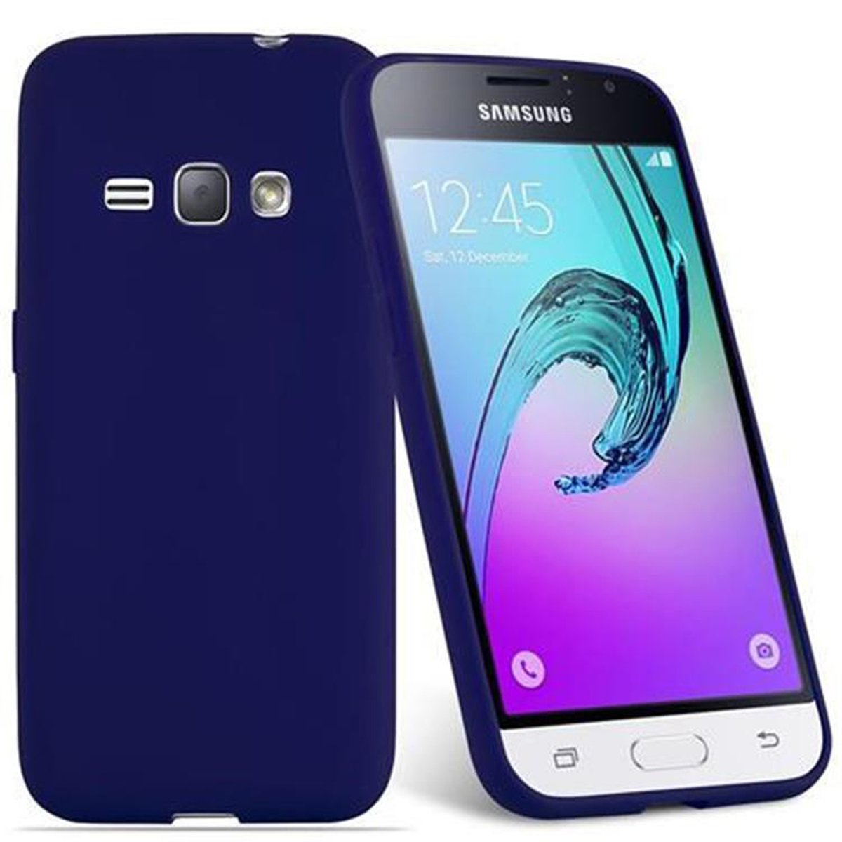 Due telefoni in custodie blu. Uno mostra uno schermo colorato, l'altro il retro con il logo Samsung.