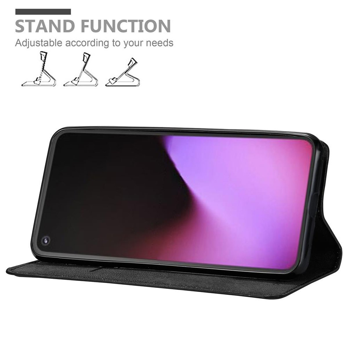 Telefon in einer Hülle, aufgestellt, zeigt den Bildschirm und den Text "STAND FUNCTION".