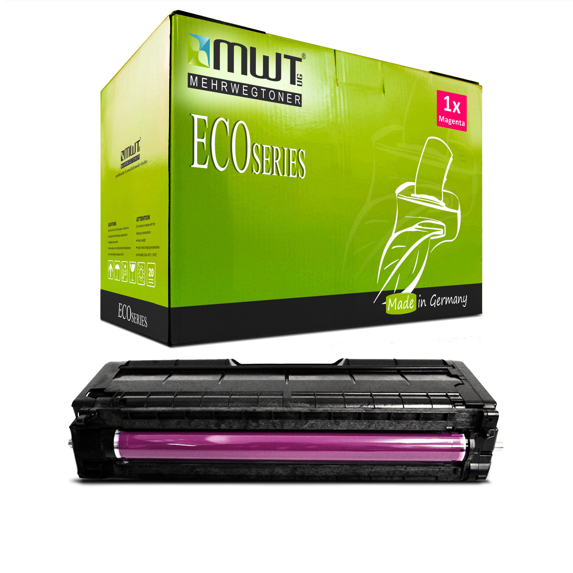 Rosa Tonerkartusche vor einer grünen Box, mit ECO SERIES, 1x Magenta.