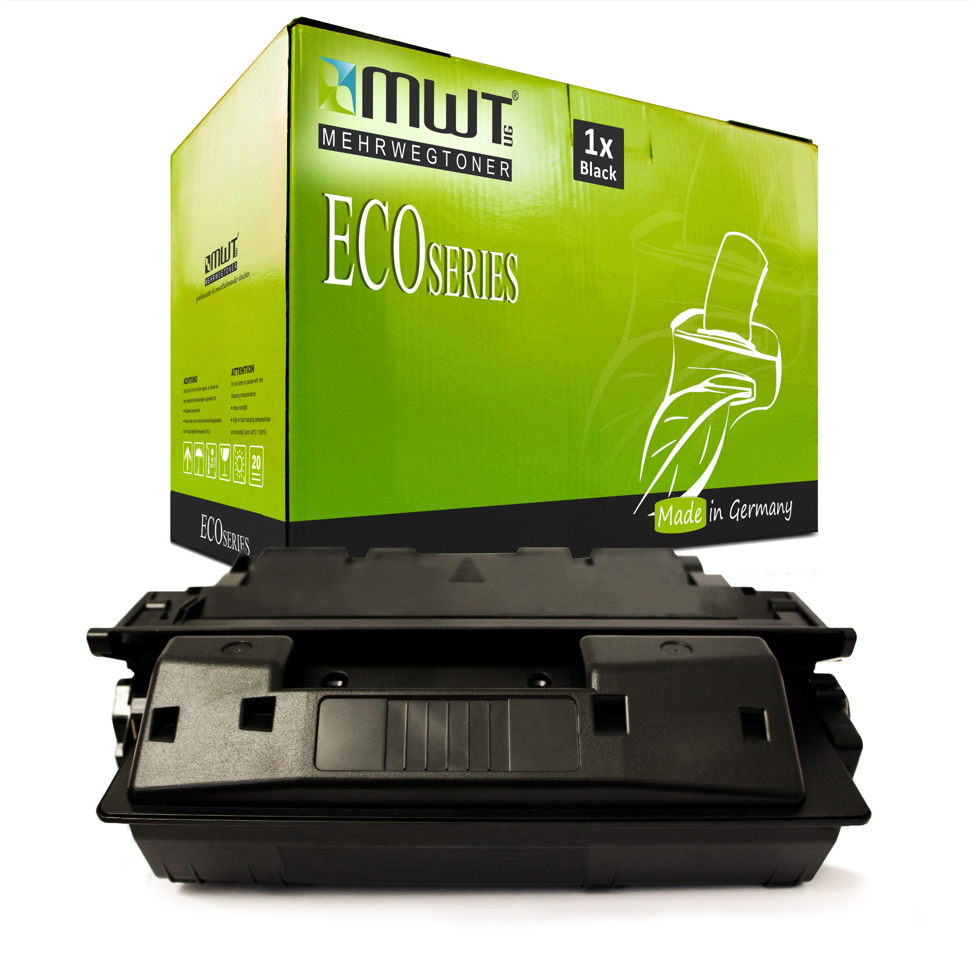 Schwarze Tonerkartusche mit grün-weißer Box. Die Box trägt die Aufschrift 'ECO SERIES' und 'Made in Germany'.