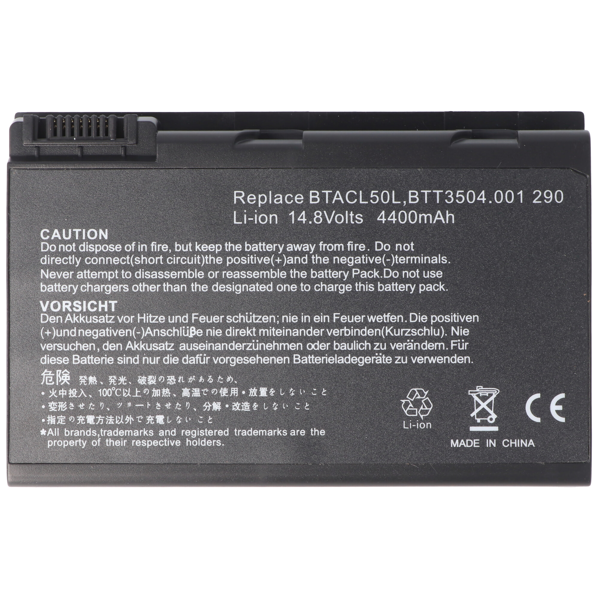 Ein Batterielabel. Das Etikett ist schwarz mit weißem Text. Es enthält Warnungen und Vorsichtshinweise.