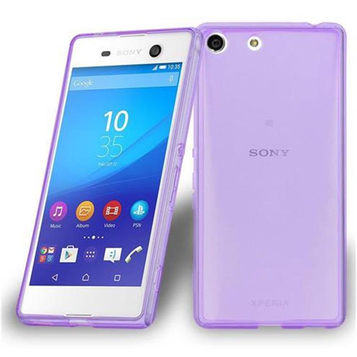 Ein weißes Telefon in einer lila Hülle. Das Telefon befindet sich auf der rechten Seite. Die Marke ist Sony Xperia.