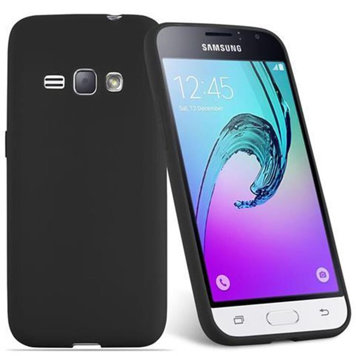 Custodia nera per telefono con un telefono. Lo schermo del telefono mostra un'immagine colorata. Il logo Samsung è visibile.