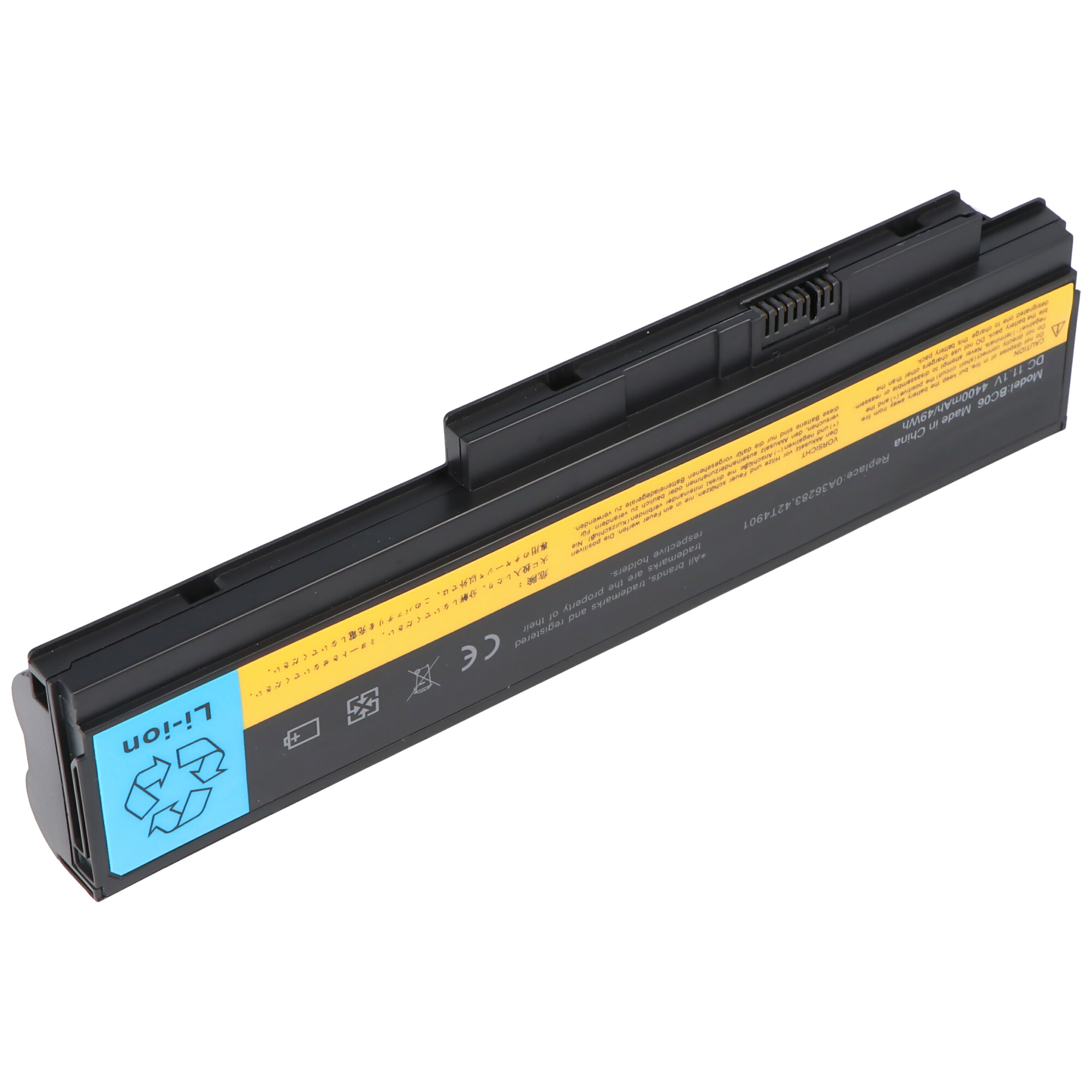 Ein schwarzer Li-Ion-Laptop-Akku mit gelbem Warnetikett und blauer Li-Ion-Markierung.
