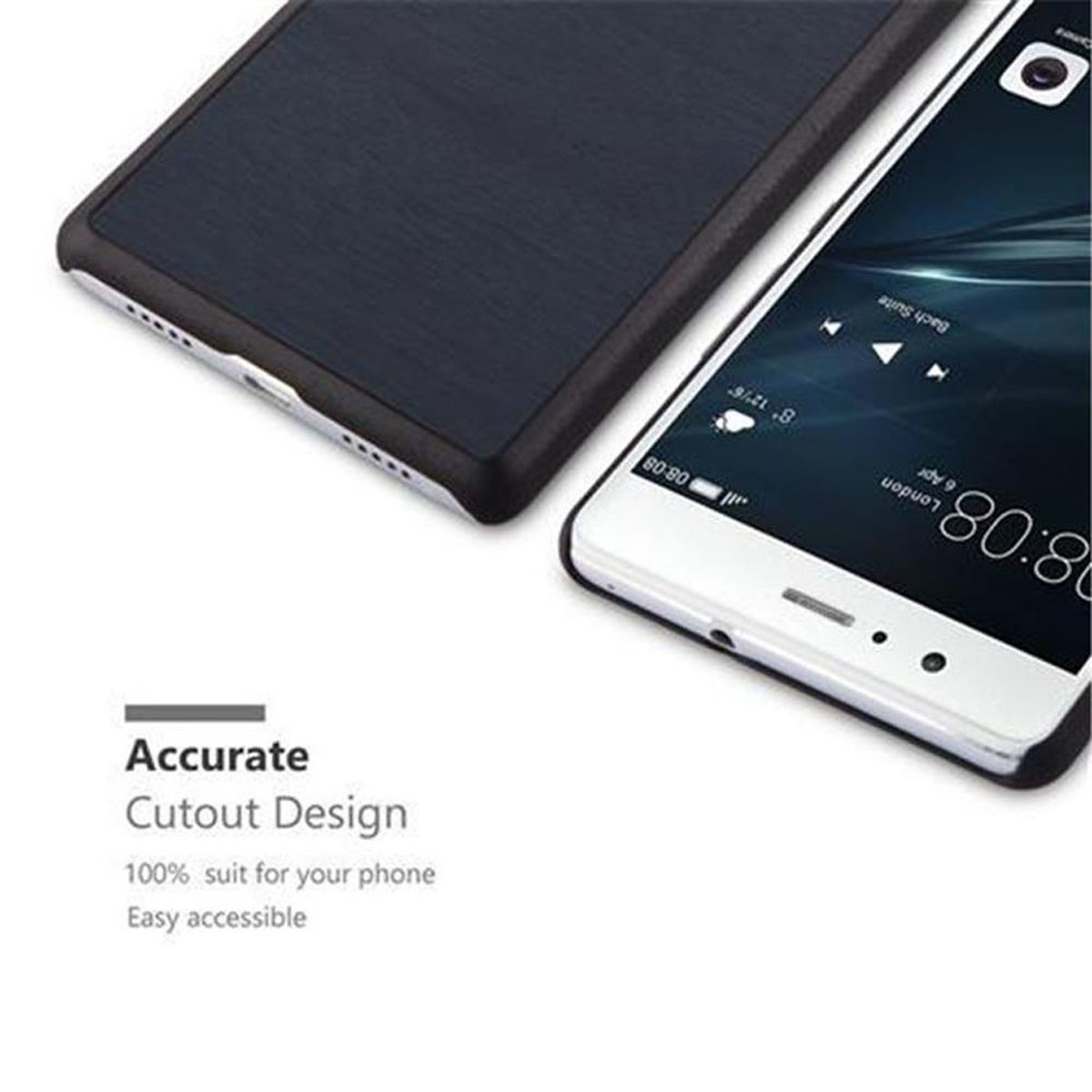 Telefono e custodia con superficie scura e strutturata. Testo: 'Accurate Cutout Design'. Telefono nella custodia.