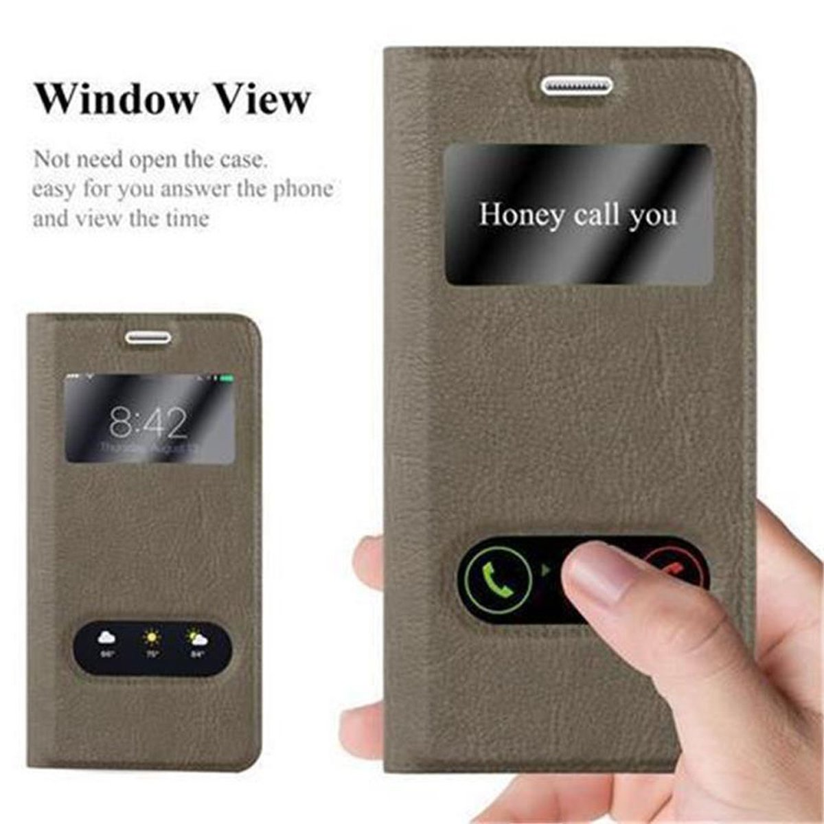 Un teléfono en una funda, con vista de ventana. Muestra la hora y un botón de llamada.