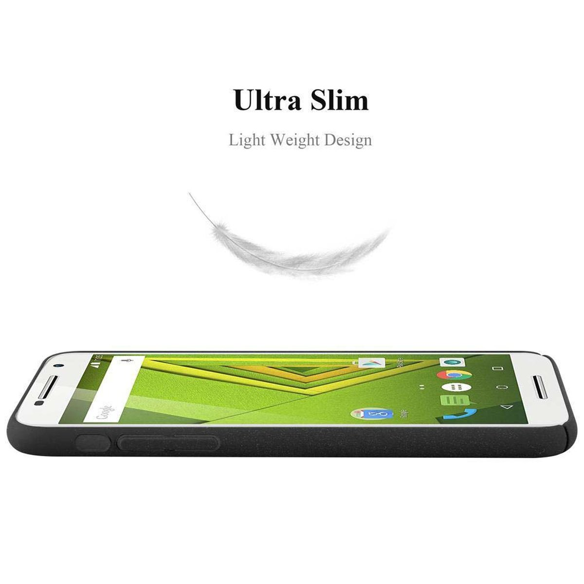 Un telefono in una custodia nera. Il testo recita: Ultra Slim, Light Weight Design e una piuma.