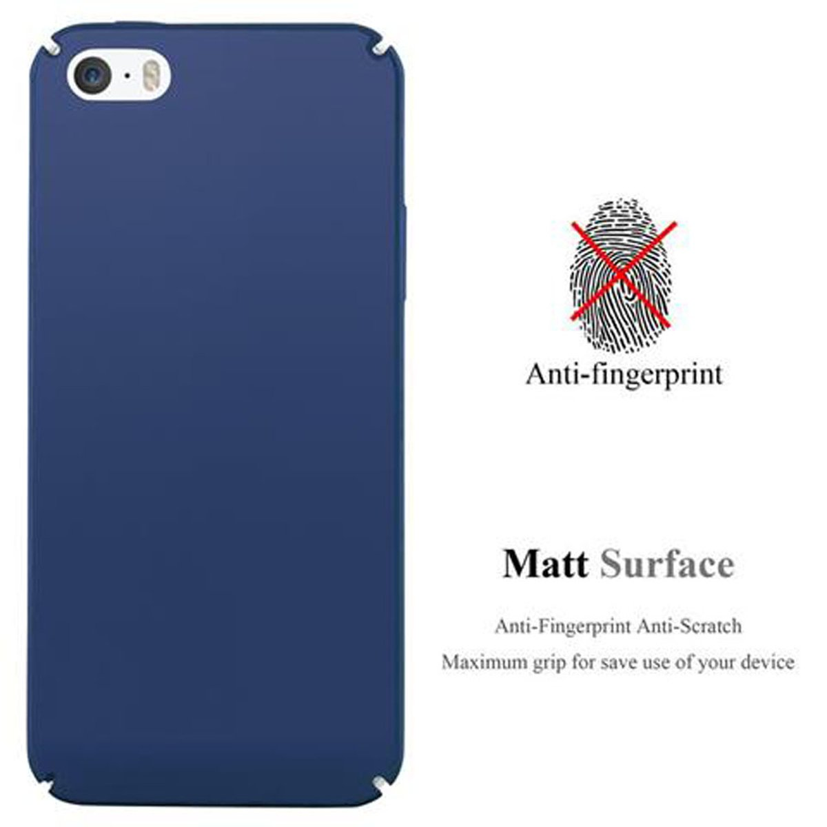 Blaue Handyhülle, Anti-Fingerprint-Text, Informationen zur matten Oberfläche.
