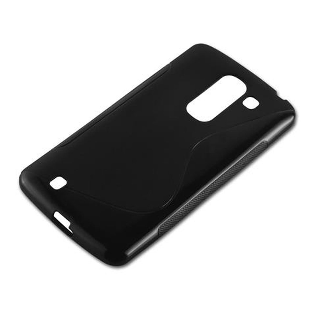 Eine schwarze Handyhülle mit glatter Oberfläche. Sie hat Aussparungen für die Kamera und andere Merkmale.