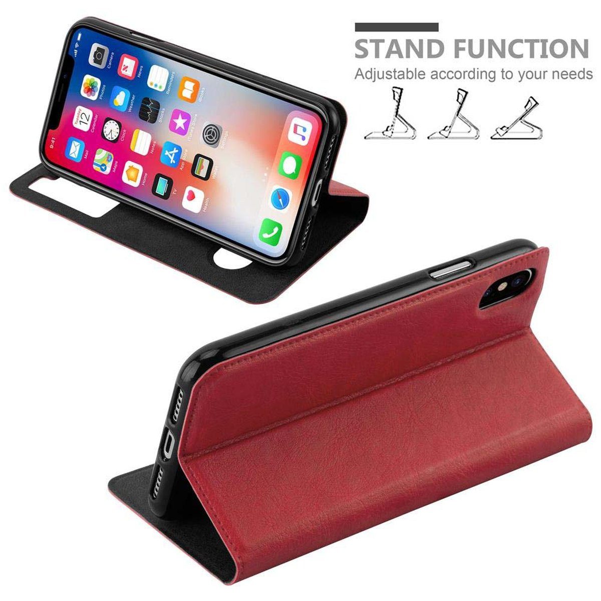 Un telefono in una custodia rossa. La custodia può essere utilizzata come supporto.