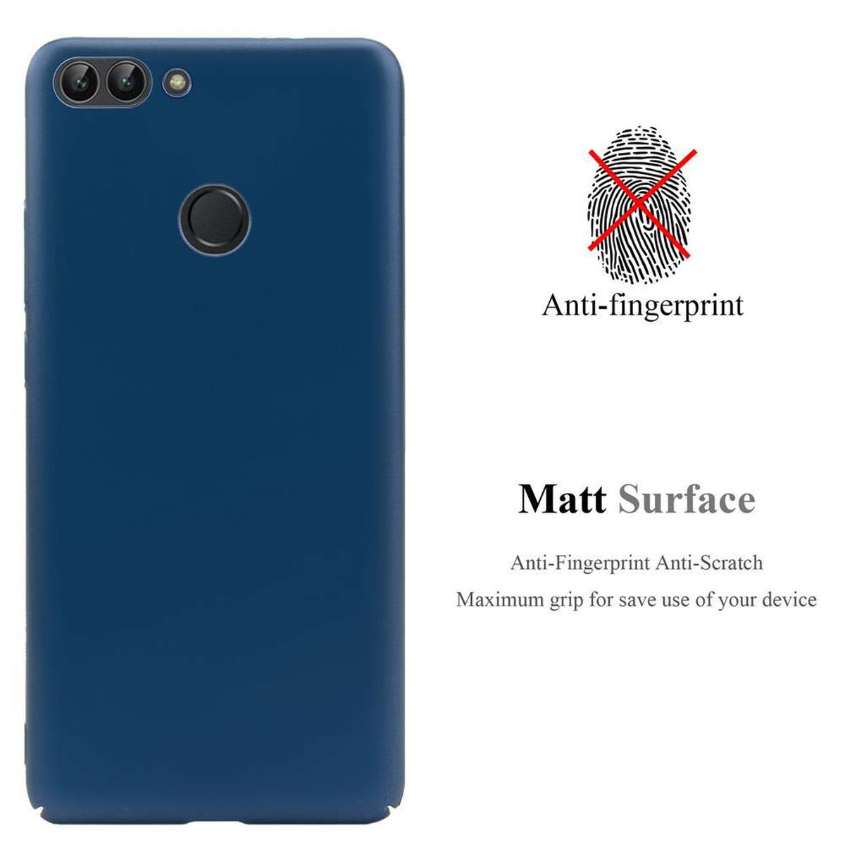 Custodia per telefono blu navy, anteriore e posteriore, con impronta digitale e testo antigraffio.
