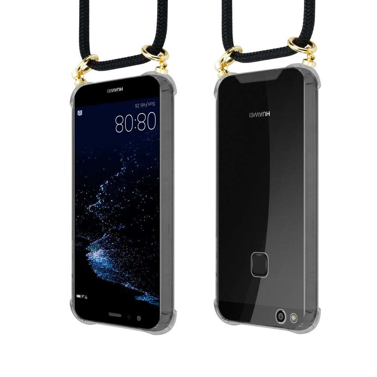 CADORABO Handy Kette mit P10 Kordel abnehmbarer Band Huawei, SCHWARZ Hülle, LITE, und Backcover, Gold Ringen