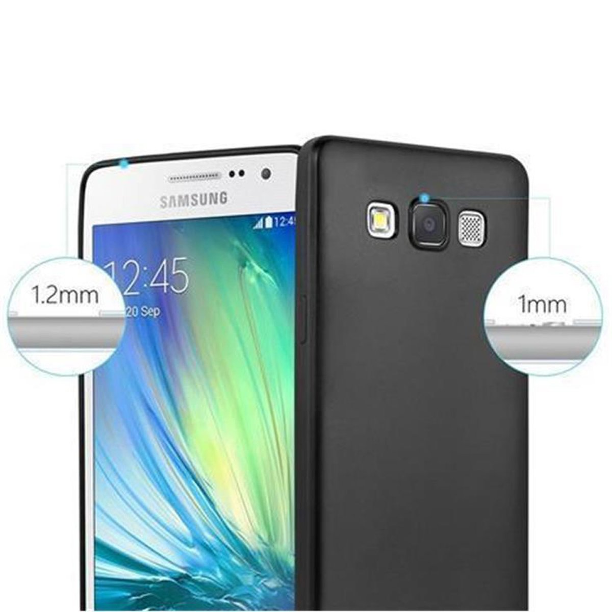 Primo piano di un telefono Samsung con custodia nera. Mostra la parte anteriore del telefono e il retro con la fotocamera.