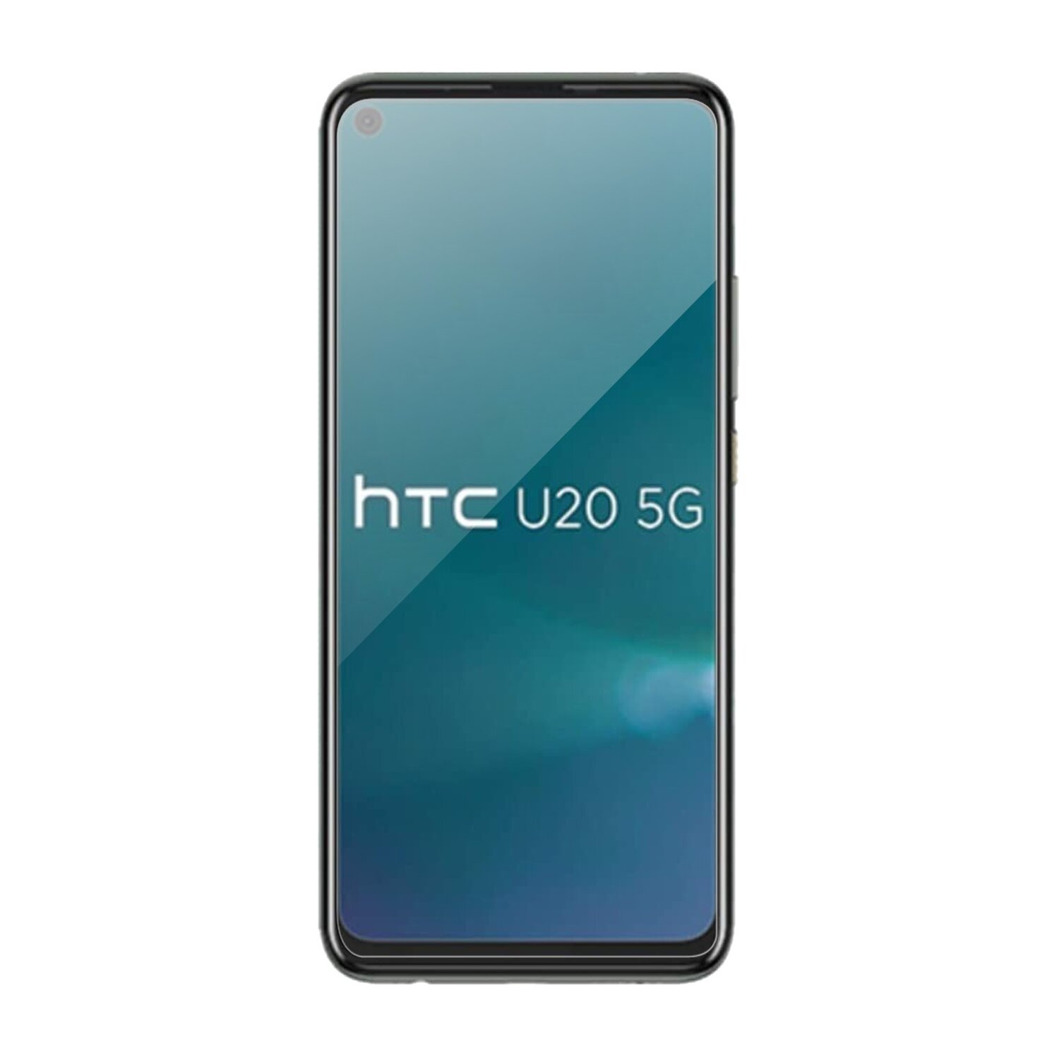 Ein schwarzes Smartphone mit dem Text 'HTC U20 5G' auf dem Bildschirm, vor weißem Hintergrund.