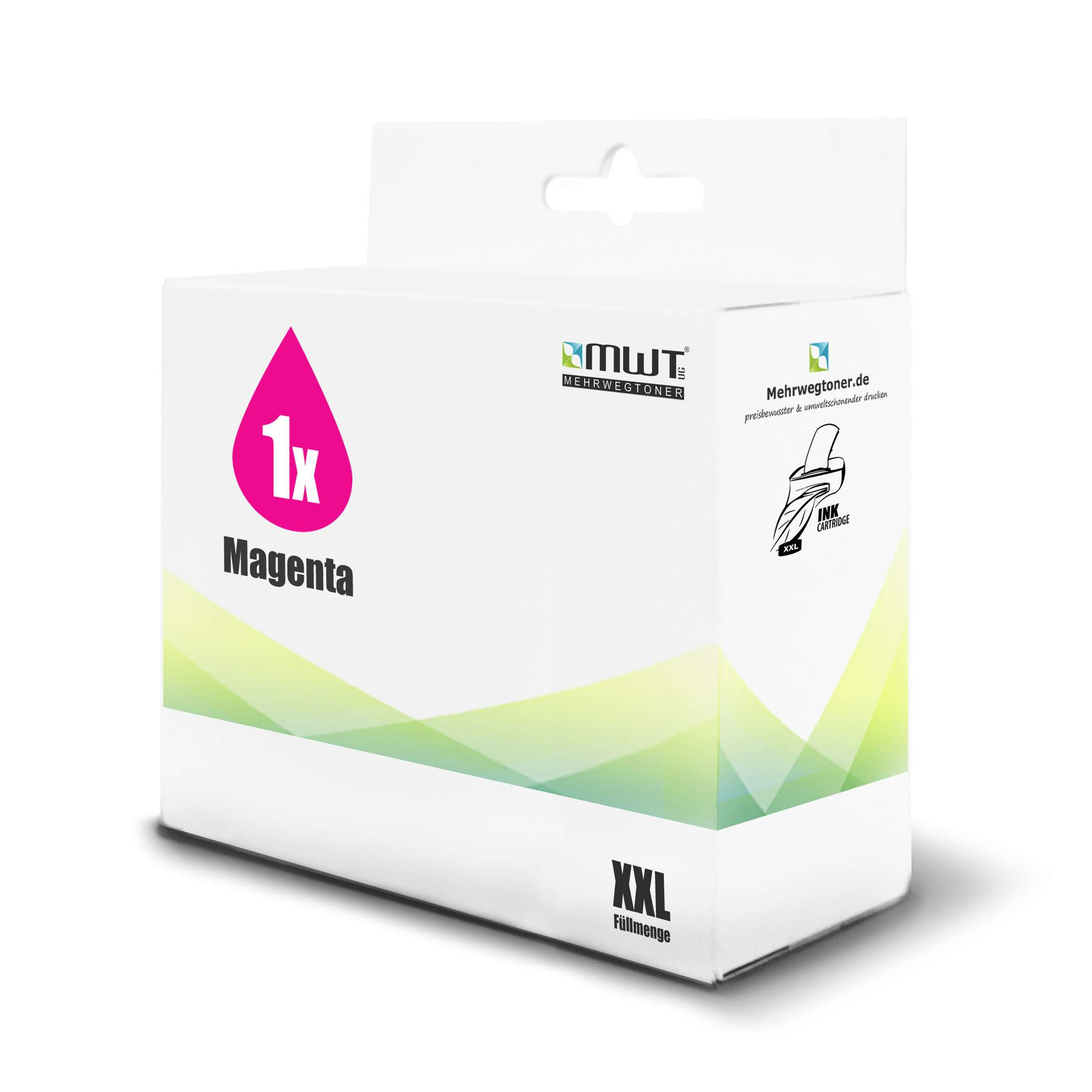 Eine weiße Box mit magenta Text und Logo, mit einem XXL-Label.