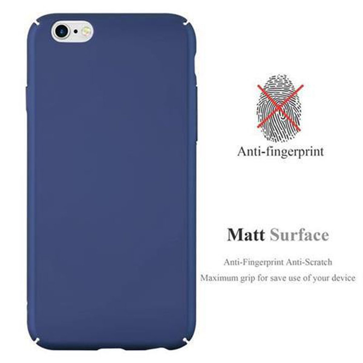 Custodia per telefono blu. Anti-impronte e antigraffio. Il testo dice: Superficie opaca. Massima presa.