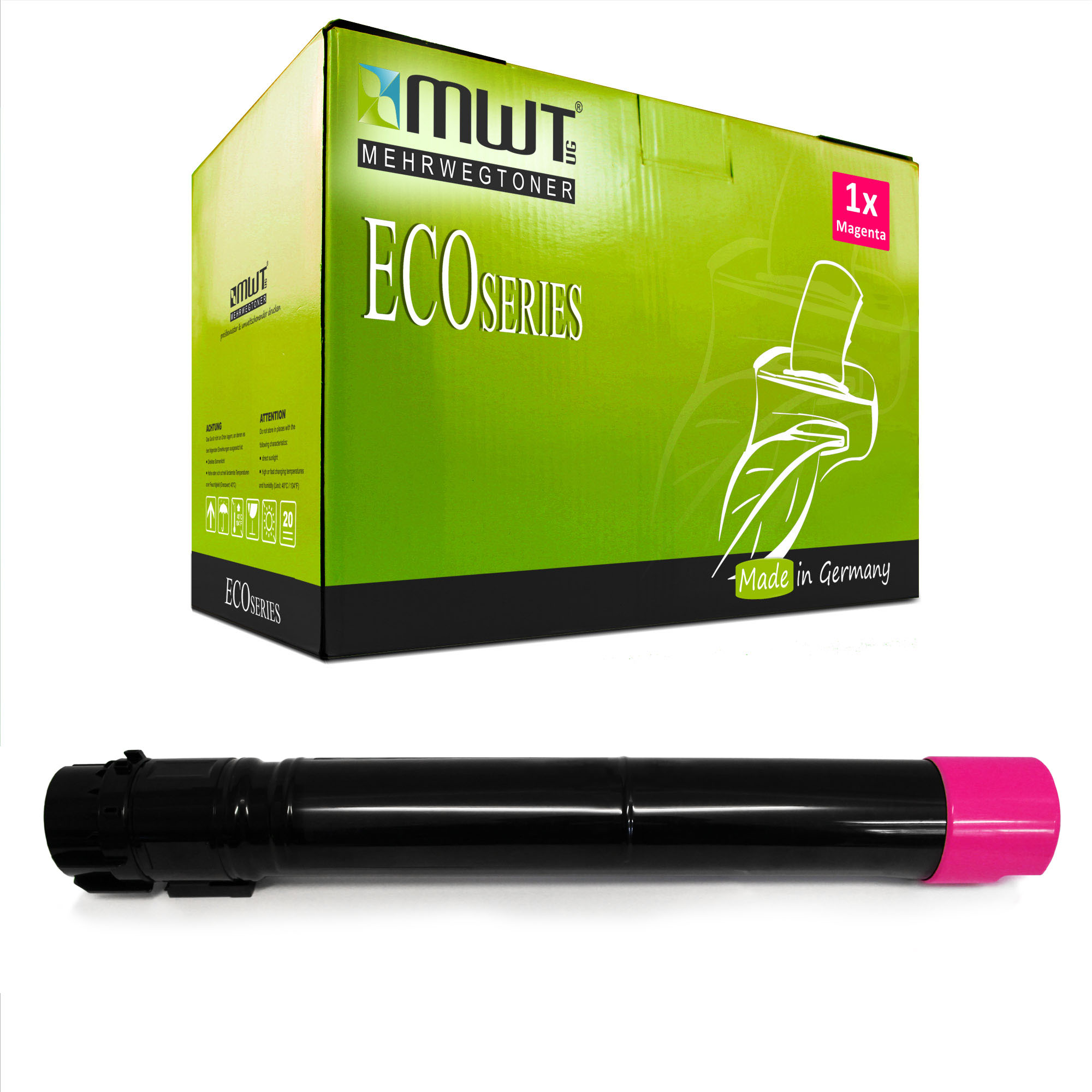 Grüne Tintenpatronenbox und eine schwarze Patrone mit pinkfarbenem Ende.