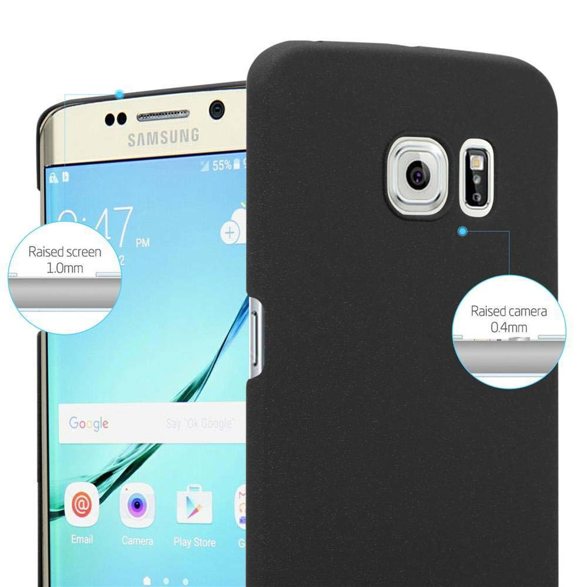Telefono in custodia nera, che mostra lo schermo. Il testo indica l'altezza dello schermo e della fotocamera.