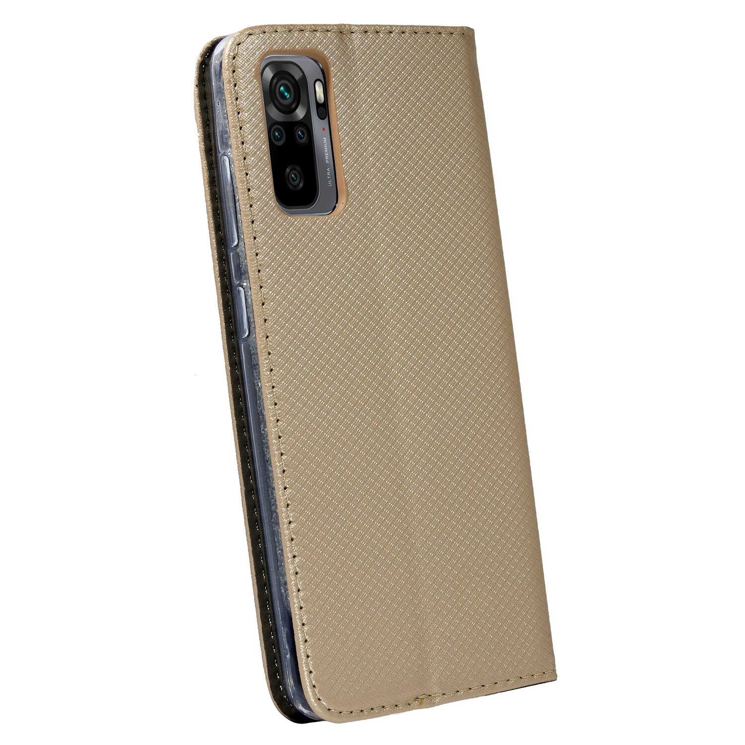 Telefon in einer braunen Brieftaschenhülle. Die Hülle ist geschlossen und die Vorderseite hat ein strukturiertes Muster.
