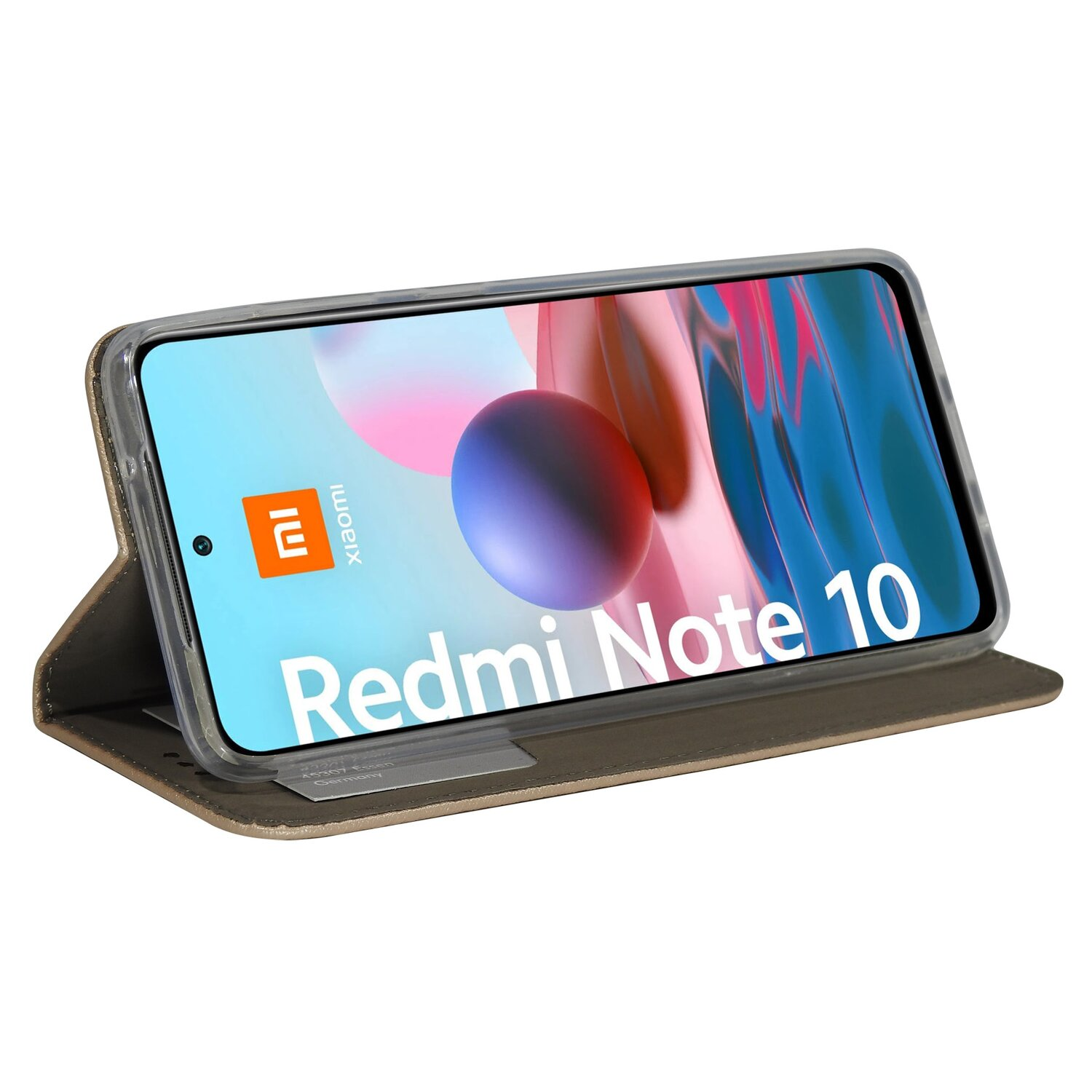 Telefon in brauner Hülle, geöffnet, mit Redmi Note 10 Text auf dem Bildschirm.