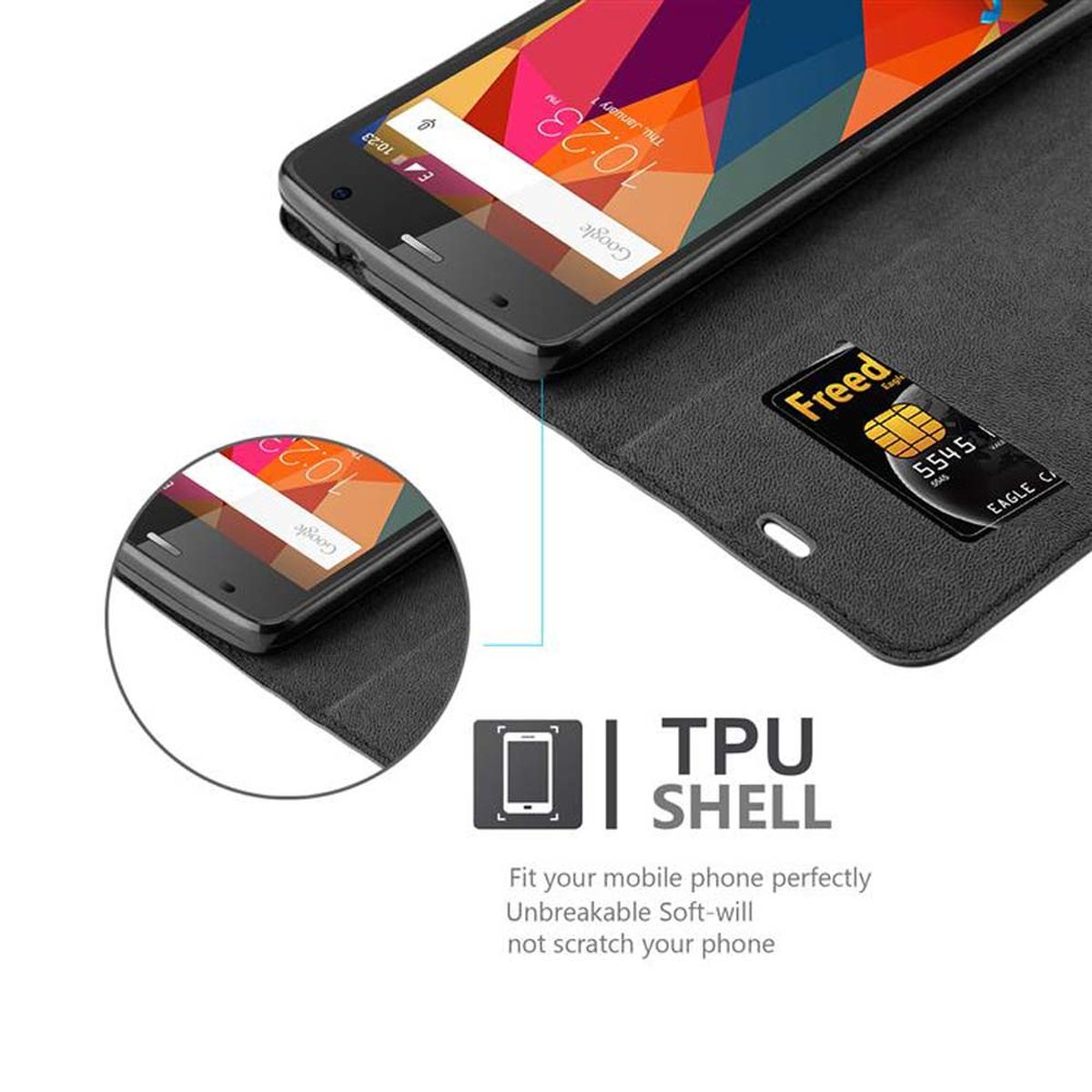 Un teléfono en una funda, mostrando la pantalla. La funda tiene una ranura para tarjeta con una tarjeta SIM.